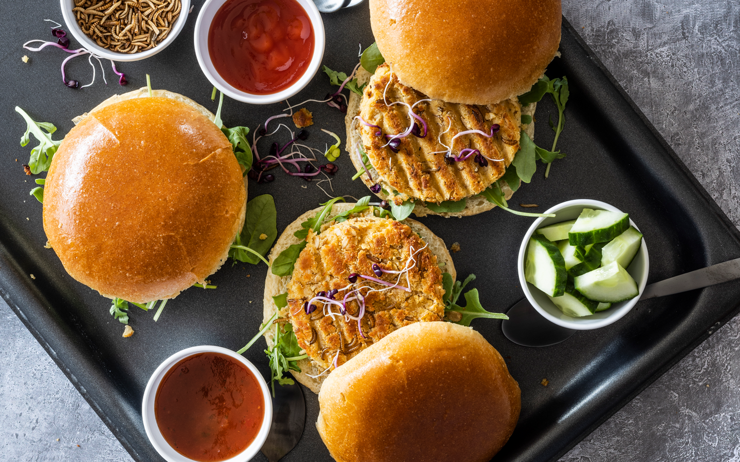 vegan meat alternative burger patties and crispy insects