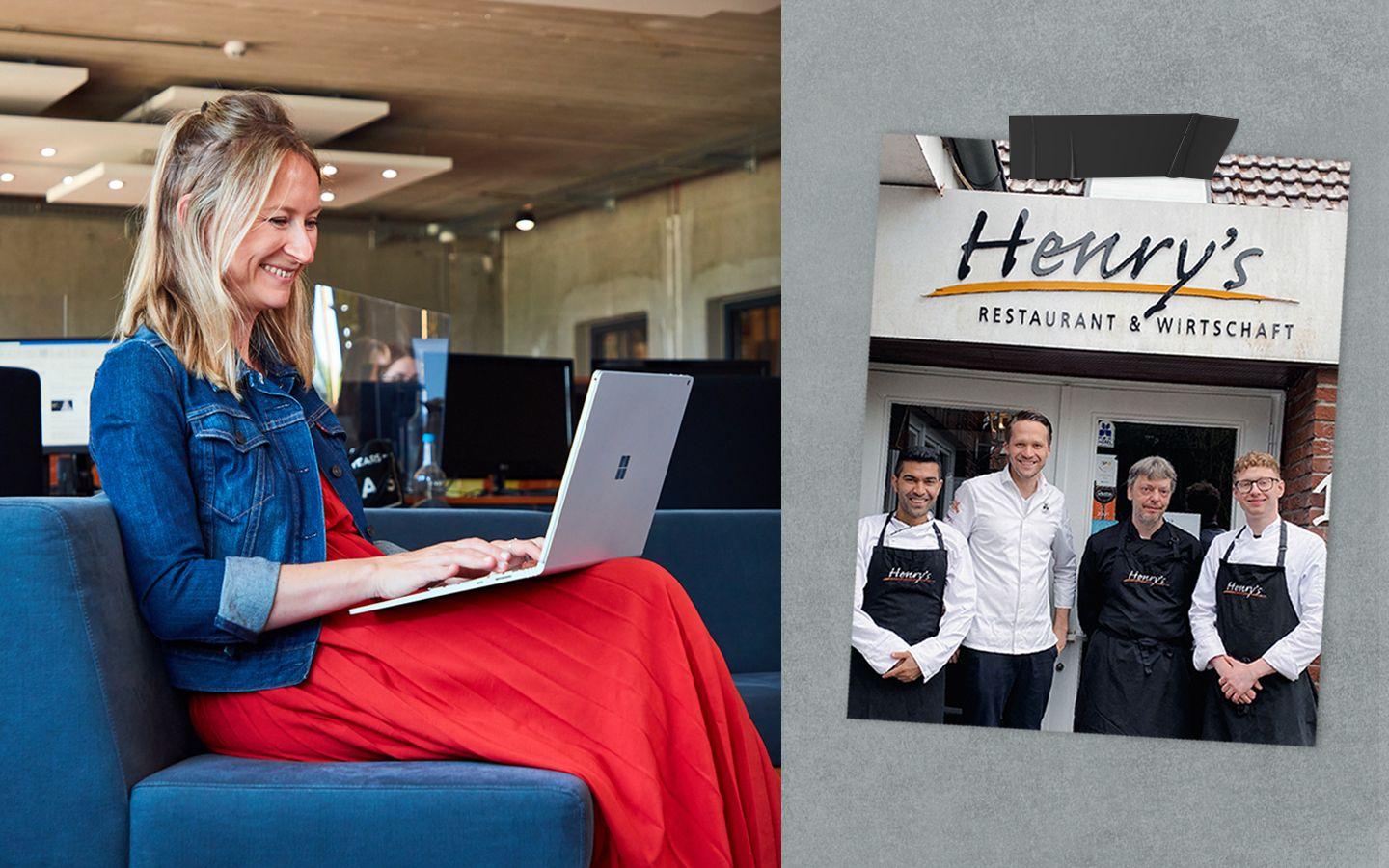 WAS Germany Mitarbeiterin am Laptop und Foto von Henry's Restaurantteam