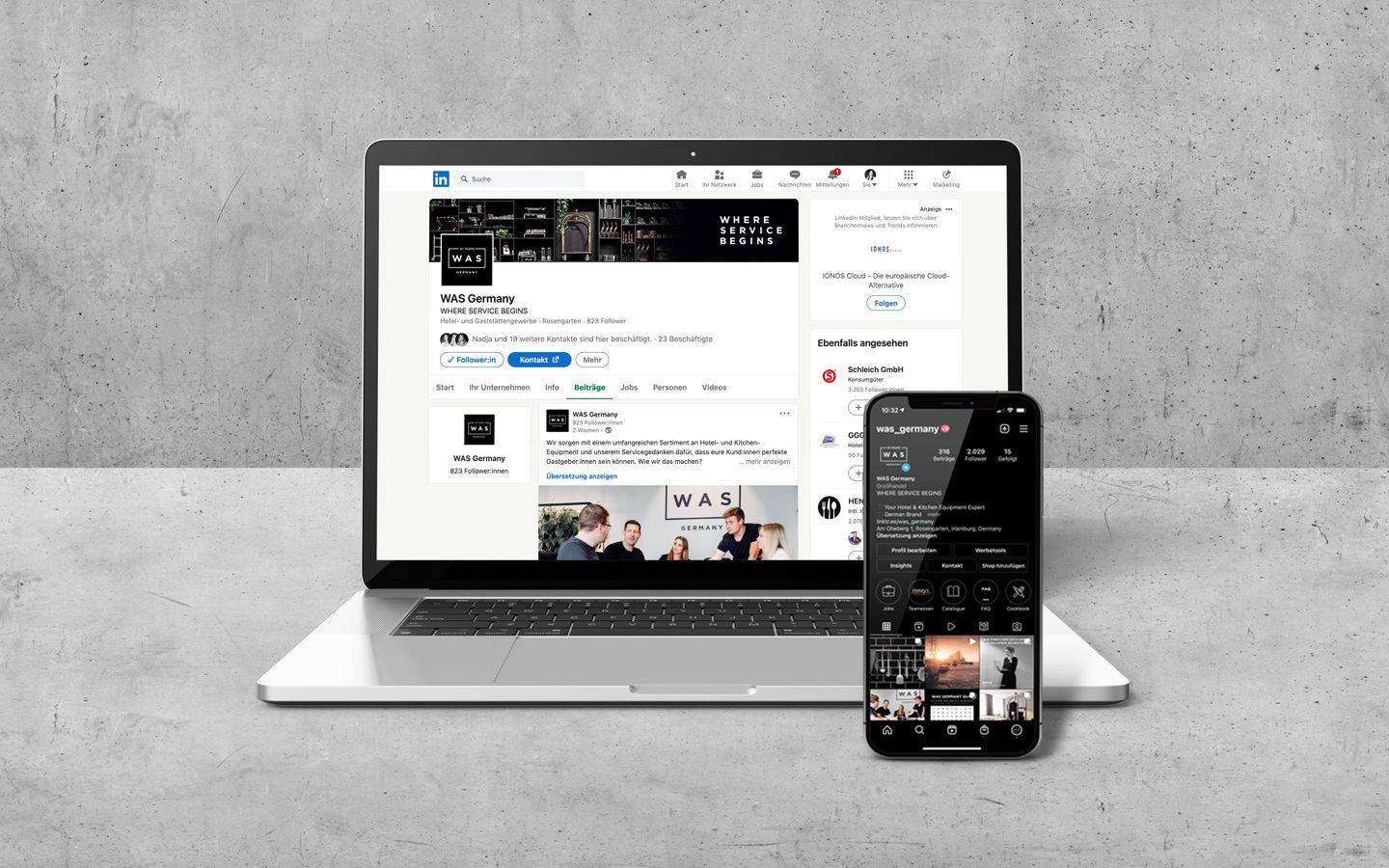 Mobil und Desktop Ansicht von WAS Germanys LinkedIn und Instagram Account